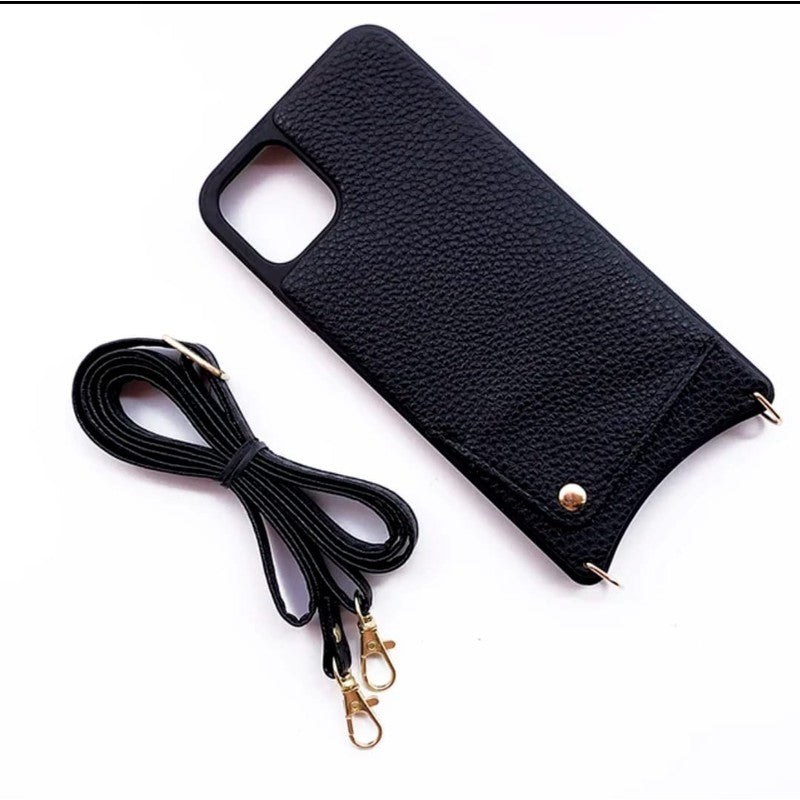 Leather Back Phone Case with Strap for iPhone 14 Pro - Black