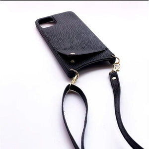 Leather Back Phone Case with Strap for iPhone 14 Pro Max - Black