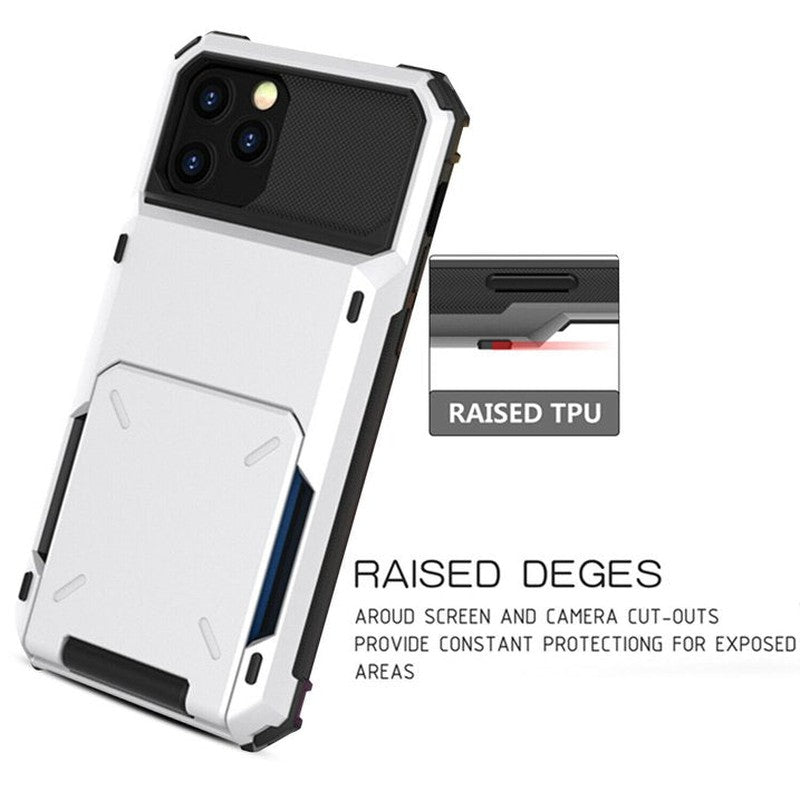Luxurious Hard Rugged Case w/- Card Slots for iPhone 15 Pro Max- White