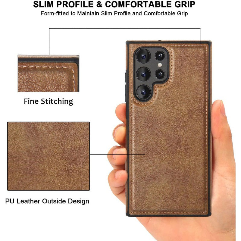 Vintage Stitching Premium Quality Leather Phone Case For Samsung S22 Ultra - Brown