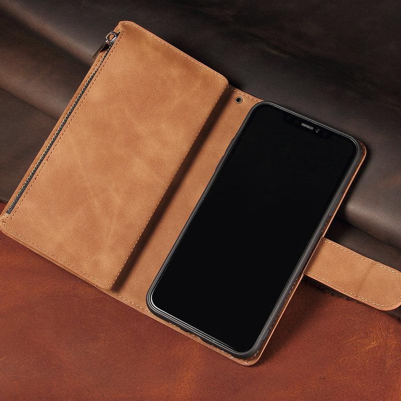 Zipper Wallet Mobile Phone Case for iPhone 13 Pro with Wrist Strap Brown