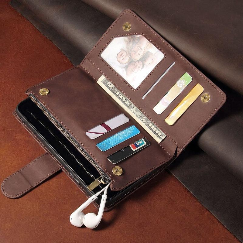 Zipper Wallet Mobile Phone Case for iPhone 13 with Wrist Strap Brown