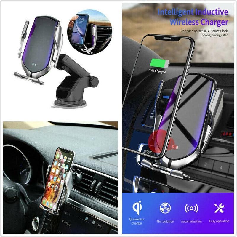 R2 Auto clamping wireless charger with Dashboard/windshield & air vent holder-Gun Metal