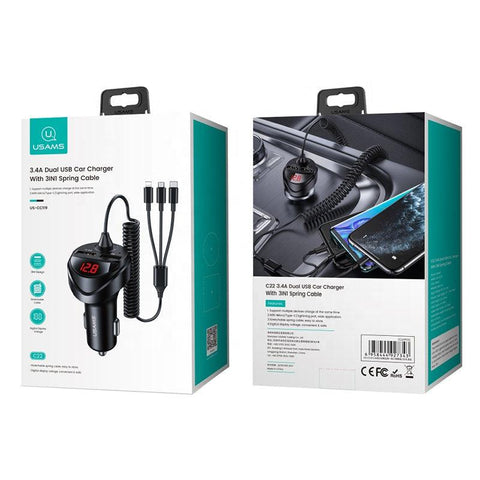 Usams Dual Usb Car charger 3.4A with 3 in 1 Spring Cable Usams Dual Usb Car charger 3.4A with 3 in 1 Spring Cable