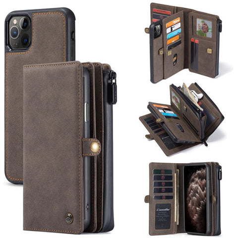 CaseMe Leather Zipper Wallet Phone Case for iPhone 12/12 PRO - Dark Brown