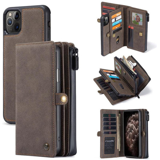 CaseMe Leather Zipper Wallet Phone Case for iPhone 13 PRO - Dark Brown
