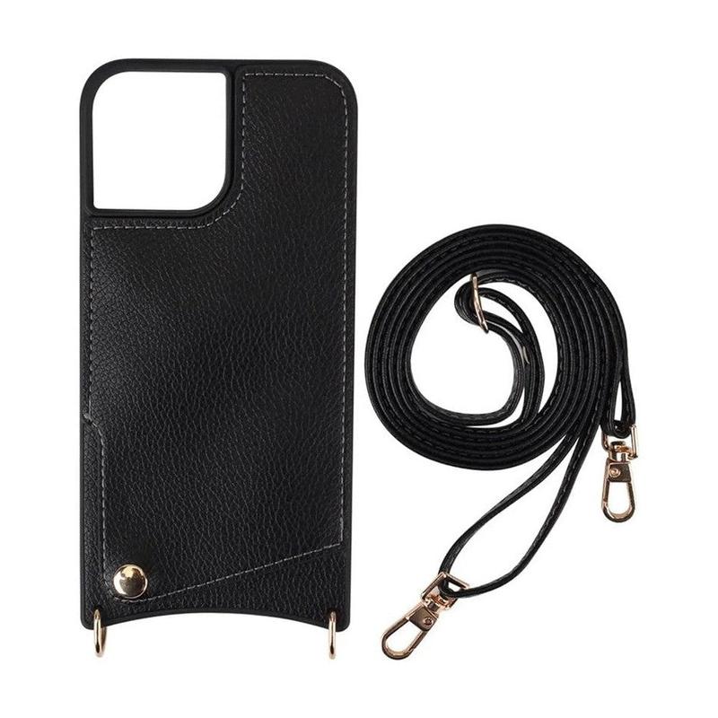 Leather Back Phone Case with Strap for iPhone 11 Pro - Black