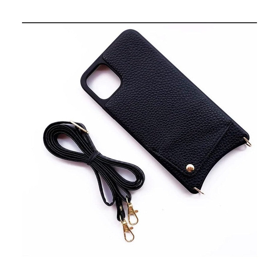 Leather Back Phone Case with Strap for iPhone 11 Pro Max - Black