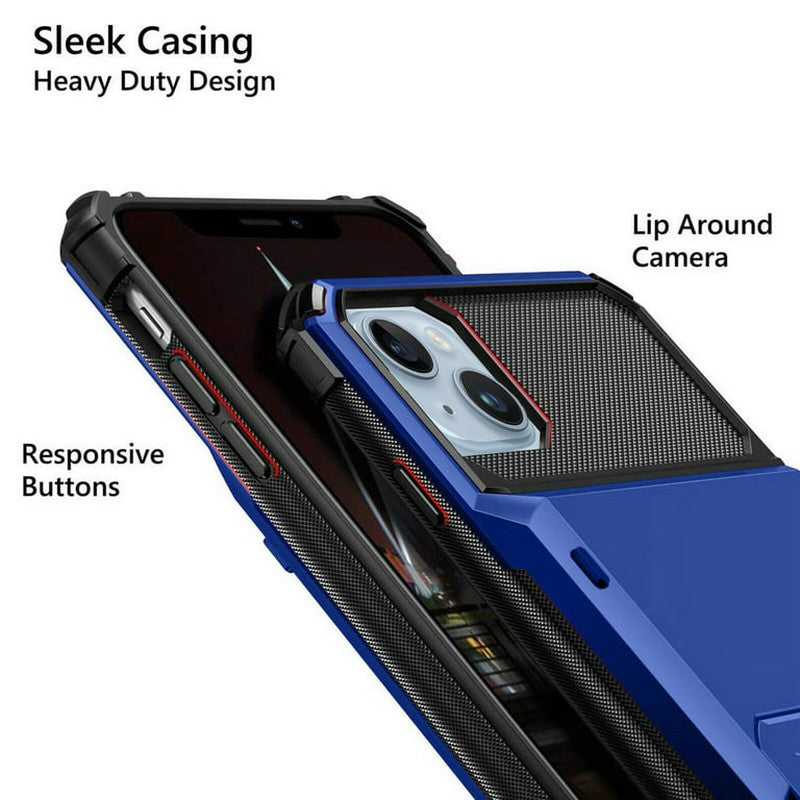 Luxurious Hard Rugged Case w/- Card Slots for iPhone 14 - Blue