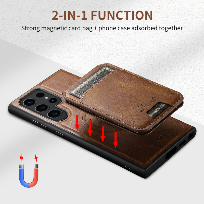 Magnetic Card Slots PU Leather Case for Samsung Galaxy S22 Ultra - Brown