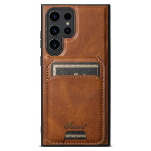 Magnetic Card Slots PU Leather Case for Samsung Galaxy S22 Ultra - Brown
