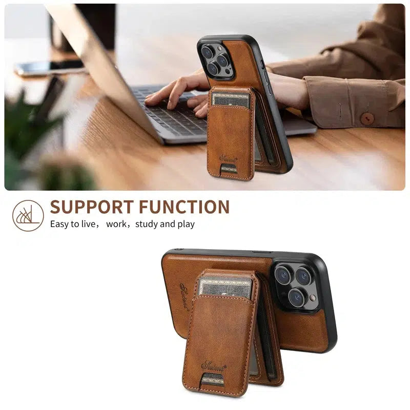 Magnetic Card Slots PU Leather Case for iPhone 15 - Brown
