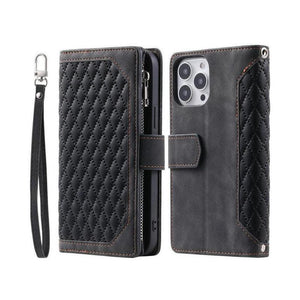 Zipper Wallet Mobile Phone Case for Apple iPhone 13 Mini with Wrist Strap - Black