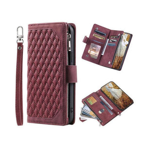 Zipper Wallet Mobile Phone Case for Apple iPhone 13 Mini with Wrist Strap - Wine