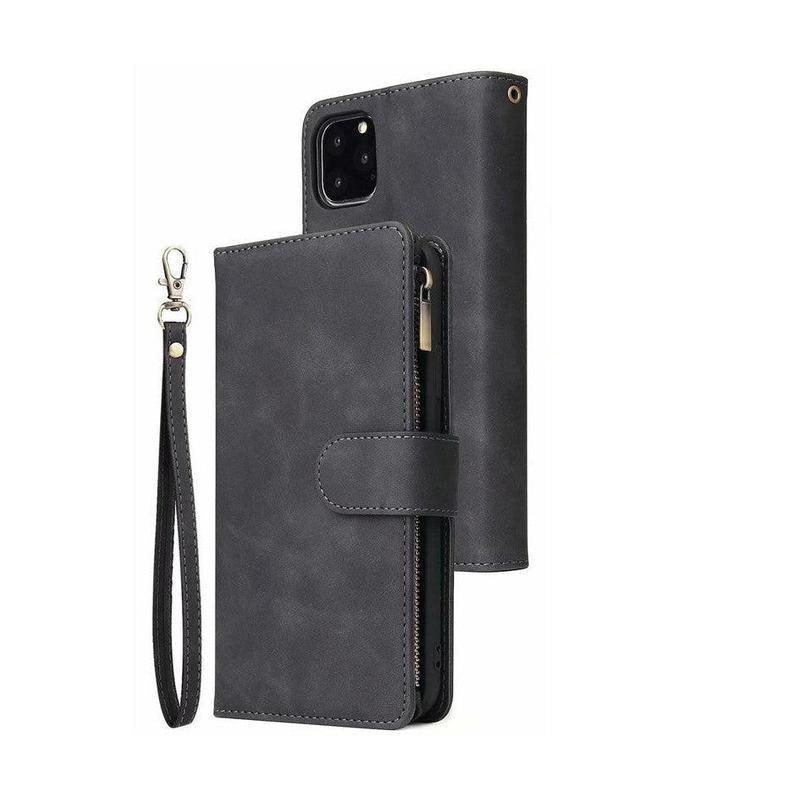 Zipper Wallet Mobile Phone Case for iPhone 12 Pro with Wrist Strap Black