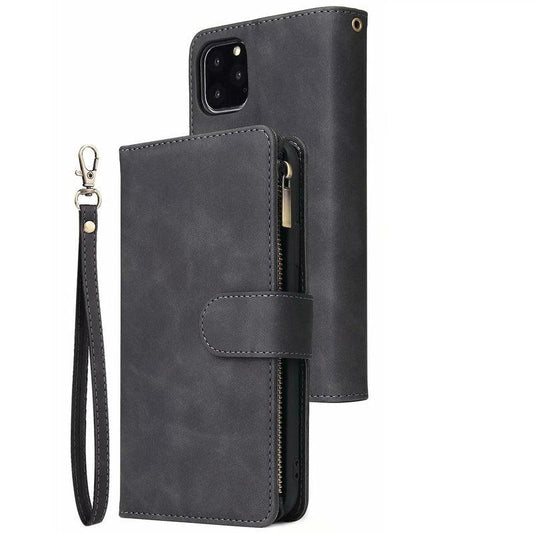 Zipper Wallet Mobile Phone Case for iPhone 12 Pro with Wrist Strap Black