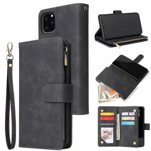 Zipper Wallet Mobile Phone Case for iPhone 13 Pro with Wrist Strap Black