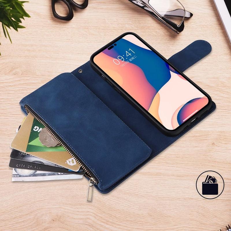 Zipper Wallet Mobile Phone Case for iPhone 13 Pro with Wrist Strap Black