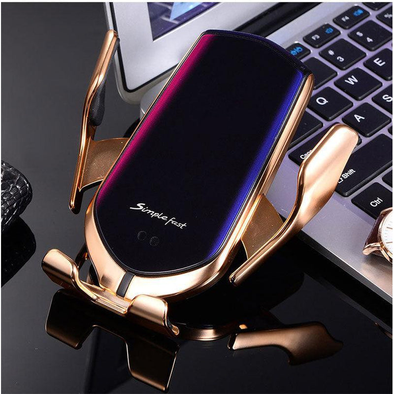 R2 Auto clamping wireless charger with Dashboard/windshield & air vent holder-Gold