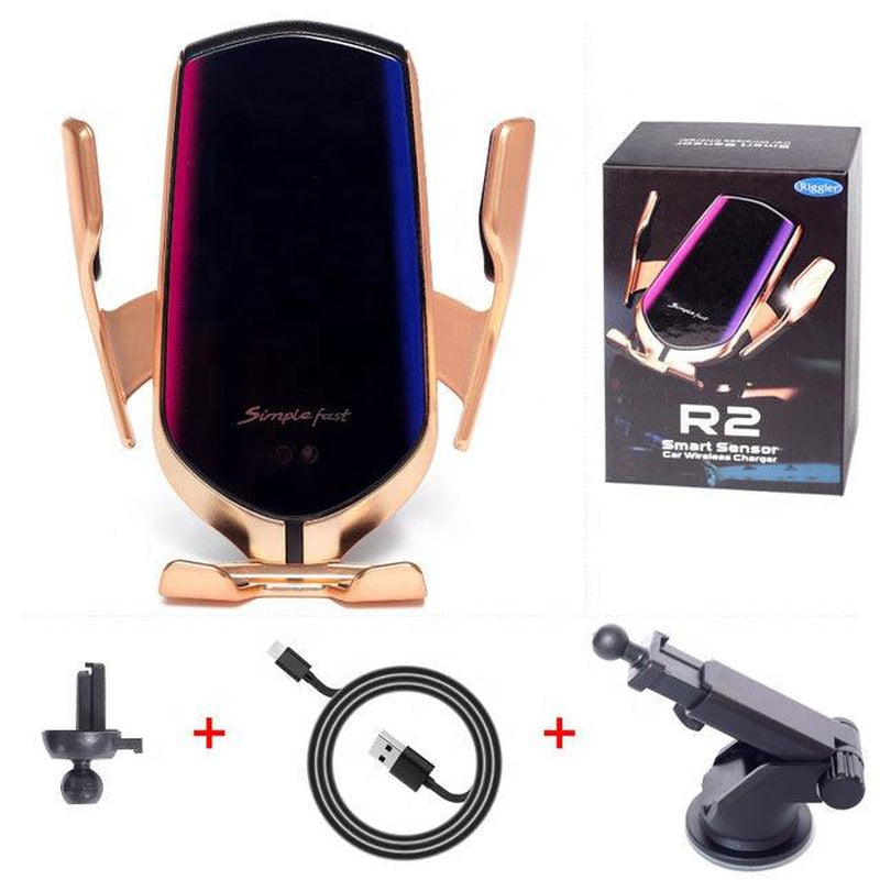 R2 Auto clamping wireless charger with Dashboard/windshield & air vent holder-Gold