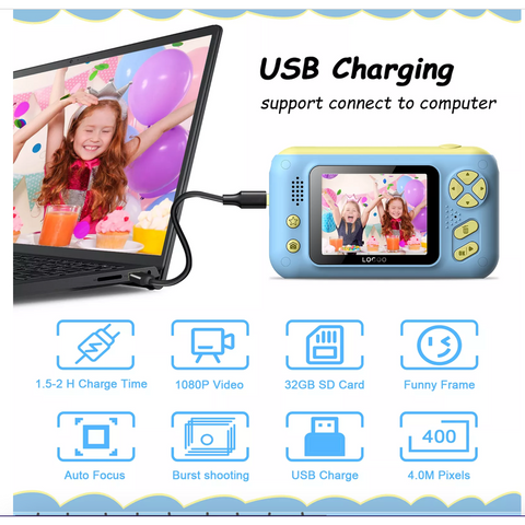 S9 Children’s Digital Camera 1080P Handheld 2.4" HD Screen w/ Tripod - Blue