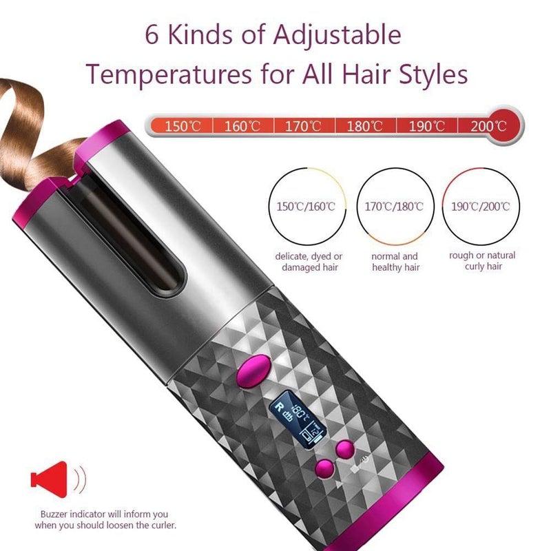 USB Rechargeable Cordless Auto-Rotating Ceramic Portable Hair Curler- Metallic Grey
