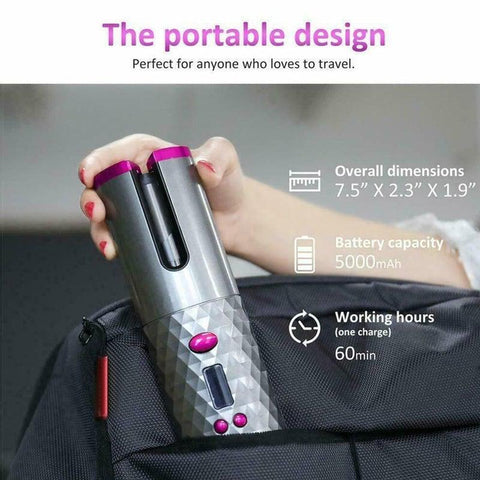 USB Rechargeable Cordless Auto-Rotating Ceramic Portable Hair Curler- Metallic Grey