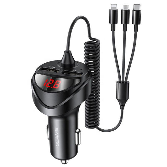 Usams Dual Usb Car charger 3.4A with 3 in 1 Spring Cable