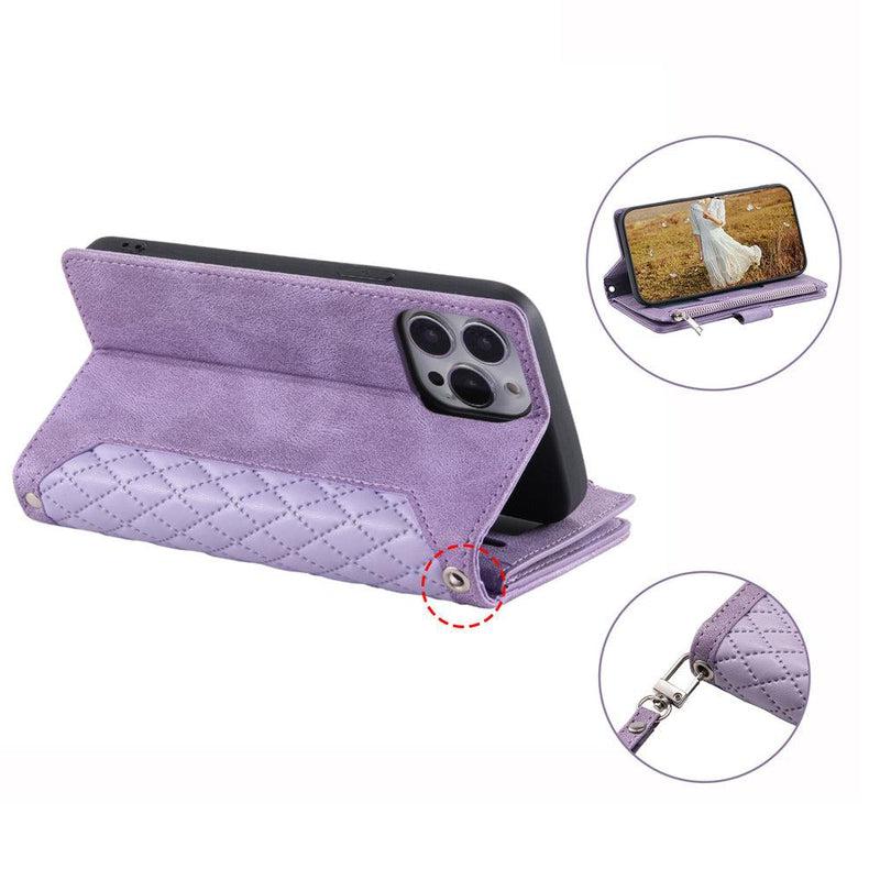 Zipper Wallet Mobile Phone Case for Apple iPhone 12 Mini with Wrist Strap - Wine