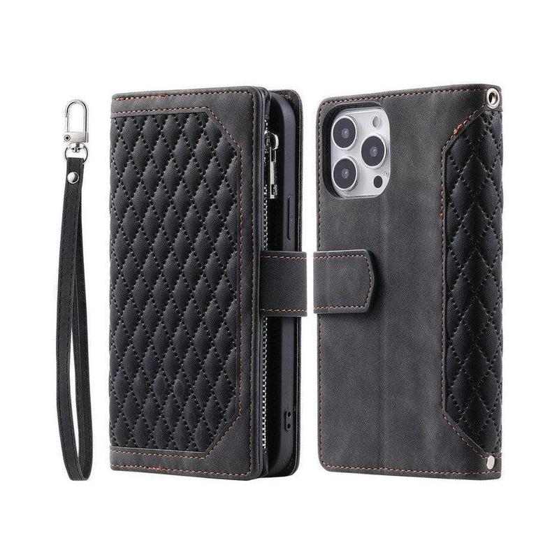 Zipper Wallet Mobile Phone Case for Apple iPhone 13 Mini with Wrist Strap - Black
