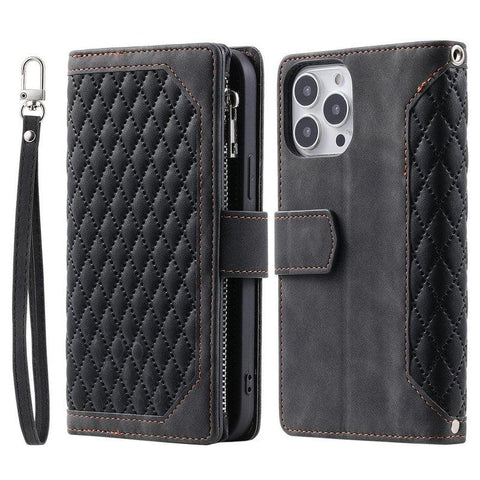Zipper Wallet Mobile Phone Case for Apple iPhone 13 Mini with Wrist Strap - Black