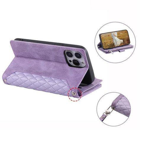 Zipper Wallet Mobile Phone Case for Apple iPhone 13 Mini with Wrist Strap - Wine