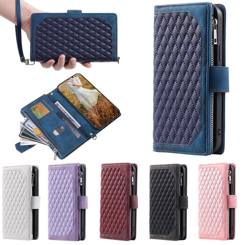 Zipper Wallet Mobile Phone Case for Apple iPhone 13 Mini with Wrist Strap - Wine