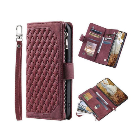 Zipper Wallet Mobile Phone Case for Apple iPhone 13 Mini with Wrist Strap - Wine