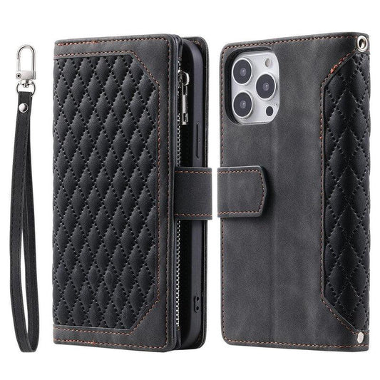 Zipper Wallet Mobile Phone Case for Apple iPhone 13 Pro Max with Wrist Strap - Black
