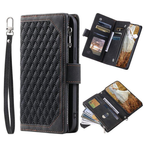 Zipper Wallet Mobile Phone Case for Samsung Galaxy S10 with Wrist Strap - Black