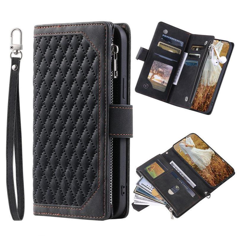 Zipper Wallet Mobile Phone Case for Samsung Galaxy S22 Ultra with Wrist Strap - Black