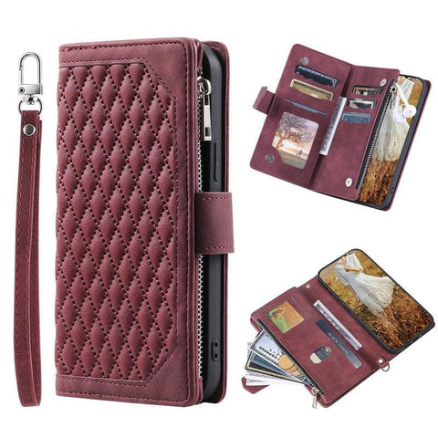 Zipper Wallet Mobile Phone Case for Samsung Galaxy S22 Ultra with Wrist Strap - Wine