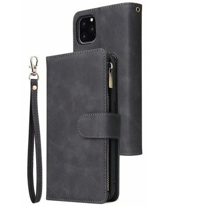 Zipper Wallet Mobile Phone Case for iPhone 12 Pro Max with Wrist Strap Black
