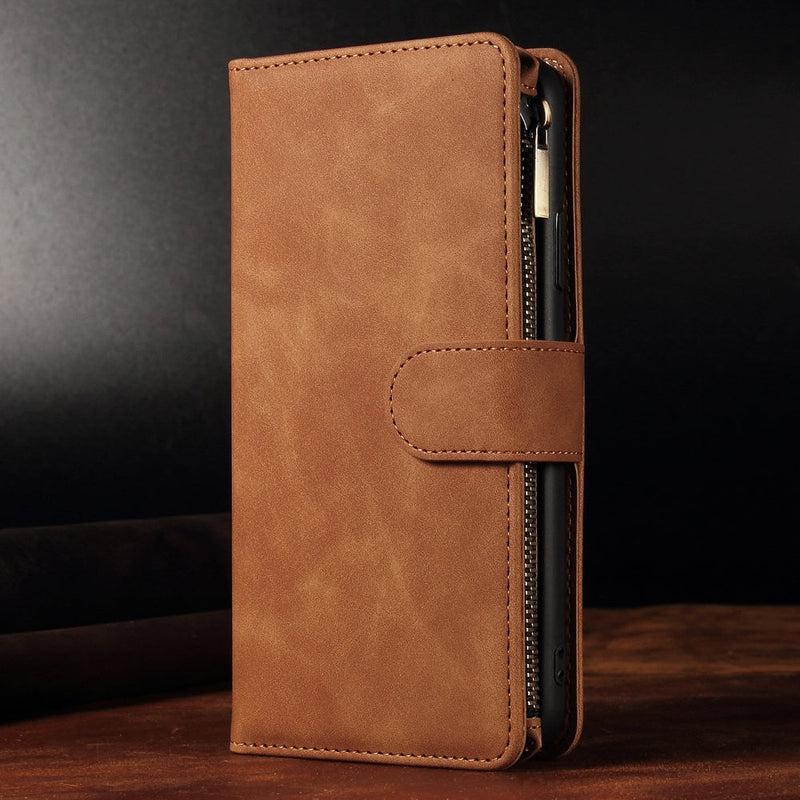 Zipper Wallet Mobile Phone Case for iPhone 13 Pro Max with Wrist Strap Brown