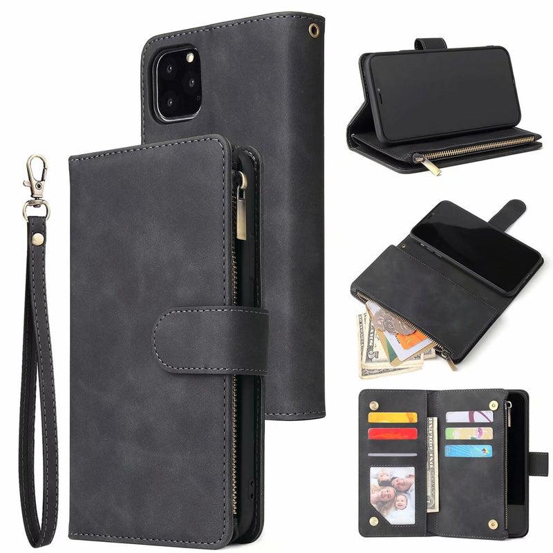 Zipper Wallet Mobile Phone Case for iPhone 14 with Wrist Strap Black