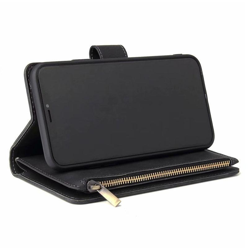 Zipper Wallet Mobile Phone Case for iPhone 14 with Wrist Strap Black